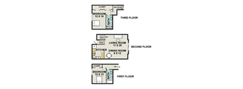 A diagram shows three different floor plans for a house with details on each room.