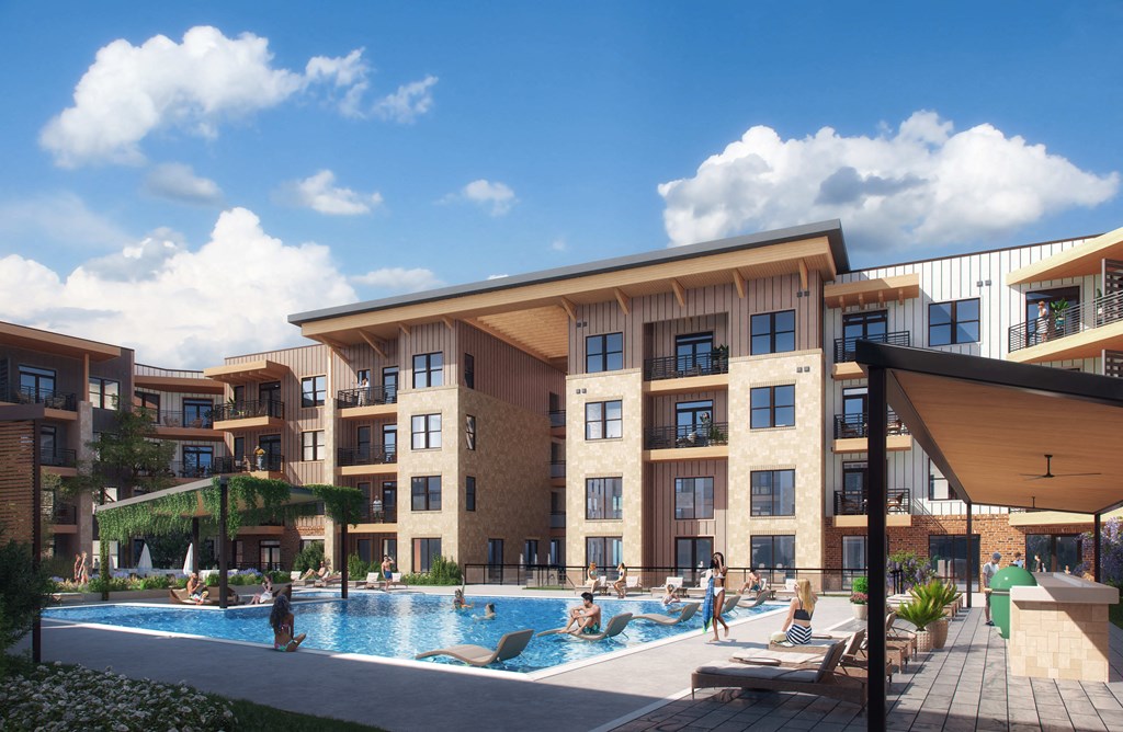 a rendering of an apartment building with a swimming pool