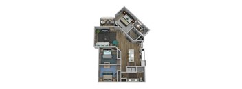 A 3D rendered image of a house layout.