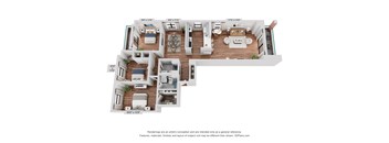 A 3D floor plan of a house with labeled dimensions.