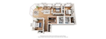 A 3D floor plan of a house with dimensions and a disclaimer.