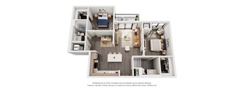 A 3D floor plan of a small apartment with a kitchen, living room, and bathroom.