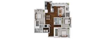 A floor plan of a house with a kitchen, living room, and two bedrooms.