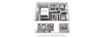 A 3D floor plan of a house with a car parked in the garage.