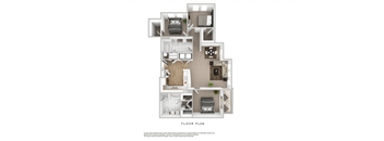 A floor plan of a house with a kitchen, living room, and two bedrooms.