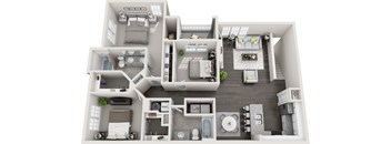 A 3D floor plan of a house with multiple rooms and furniture.