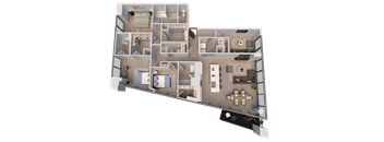 A 3D rendered image of a house layout.