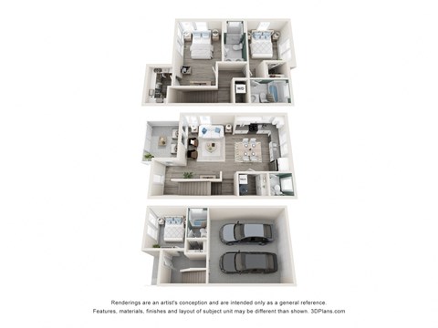 a 3d floor plan of a 3 bedroom apartment