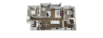 A 3D floor plan of a house with a kitchen, living room, and two bedrooms.
