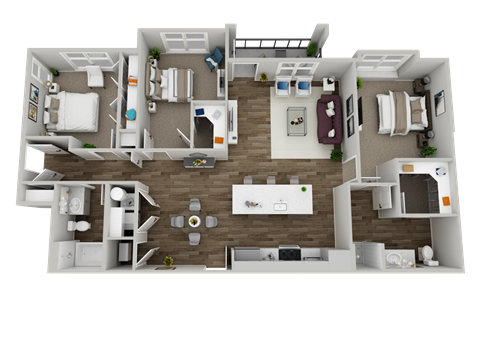 A 3D floor plan of a house with a kitchen, living room, and two bedrooms.