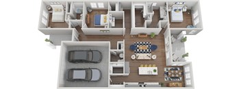 a 3d rendering of a floor plan with a car and a balcony