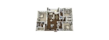 A 3D floor plan of a house with a living room, dining room, kitchen, and two bedrooms.