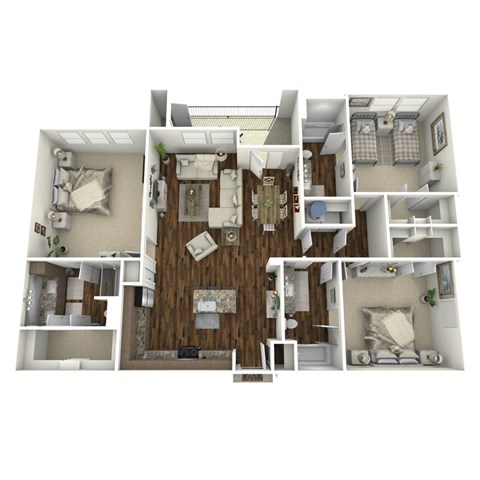 A 3D floor plan of a house with a living room, dining room, kitchen, and two bedrooms.