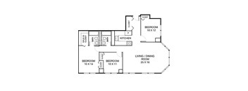 A floor plan of a house with a living room, two bedrooms, a kitchen, and two bathrooms.