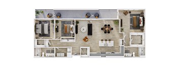 A top-down view of a house interior with a kitchen, living room, and dining area.