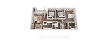 A 3D floor plan of a house with a kitchen, living room, and bedrooms.