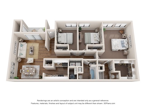 A 3D floor plan of a house with a kitchen, living room, and bedrooms.