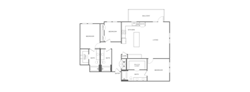 A floor plan of a house with a balcony, living room, two bedrooms, a bathroom, a kitchen, and a study.