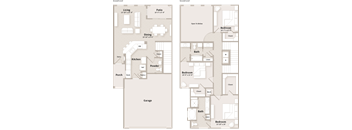 A floor plan of a house with two bedrooms, a living area, a dining area, a kitchen, a powder room, a porch, a deck, a pantry, a garage, and a bathroom.