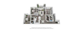 A 3D floor plan of a house with a kitchen, living room, and two bedrooms.