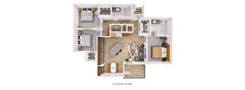 A floor plan of a small apartment with a kitchen, living room, and two bedrooms.