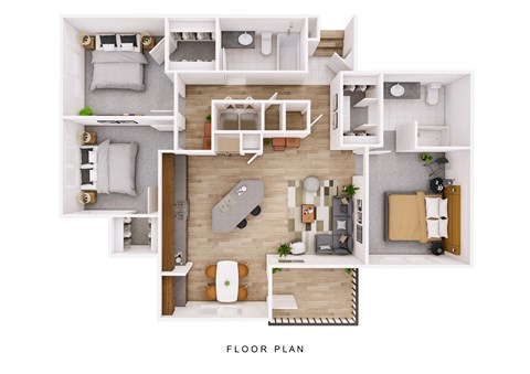 A floor plan of a small apartment with a kitchen, living room, and two bedrooms.