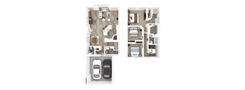 A top down view of a house interior with two cars parked in the garage.