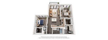 A 3D floor plan of a small apartment with a kitchen, living room, and bathroom.