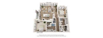 A 3D floor plan of a two-bedroom apartment with a living room, kitchen, and bathroom.