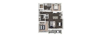 A 3D floor plan of a house with multiple rooms.