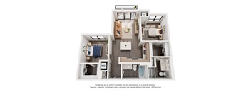 A 3D floor plan of a house with a kitchen, living room, and bathroom.