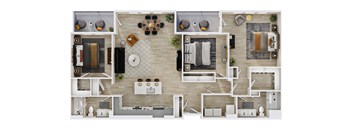 A top-down view of a modern apartment layout with a kitchen, living room, dining area, and bedrooms.