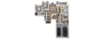 A 3D floor plan of a house with a kitchen, living room, dining room, and two bedrooms.