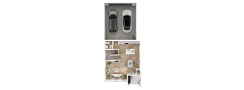 A top-down view of a car and a living room with a couch and a coffee table.