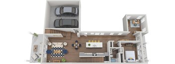 a rendering of the 1 bedroom floor plan with a car and a balcony