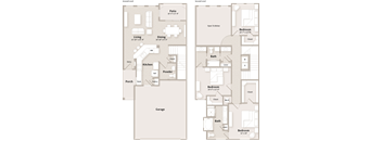 A floor plan of a house with a living room, dining room, kitchen, and two bedrooms.