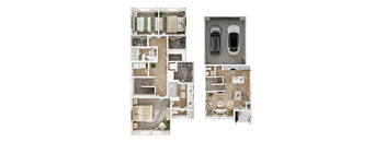 A set of four floor plans for a house with a garage.