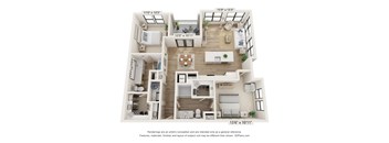 A 3D floor plan of a house with a living room, kitchen, and two bedrooms.