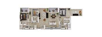 A top-down view of a house layout with a kitchen, living room, and bedrooms.