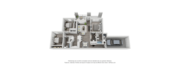 A 3D floor plan of a house with a kitchen, living room, dining room, and two bedrooms.