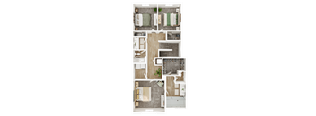 A floor plan of a house with a living room, kitchen, and two bedrooms.