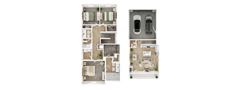 A floor plan of a house with two bedrooms, two bathrooms, a living room, a kitchen, and a garage.