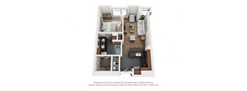 a stylized 3d floor plan with a bedroom and a living room