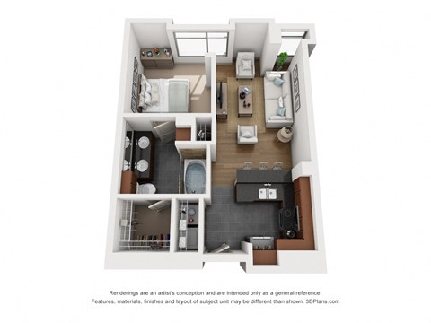 a stylized 3d floor plan with a bedroom and a living room