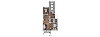 A floor plan of a house with a garage, living room, kitchen, dining room, bathroom, and closet.