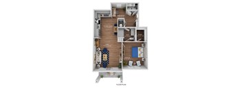 a stylized floor plan with a bedroom and a living room