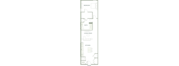 A floor plan of a house with labeled rooms and appliances.