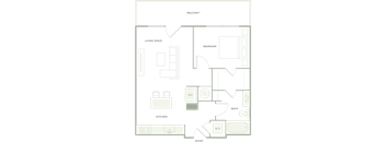 A floor plan of a house with a living room, dining room, kitchen, and bathrooms.