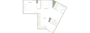 A floor plan of a room with a kitchen area, a bathroom, and a living room.