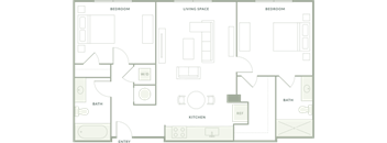 A floor plan of a house with a living room, dining room, kitchen, and bathrooms.
